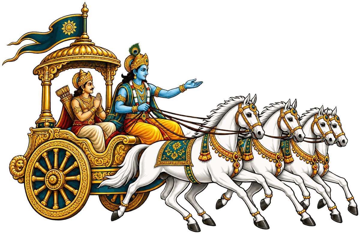 Krishna guiding Arjuna's chariot — the Vyyuha emblem